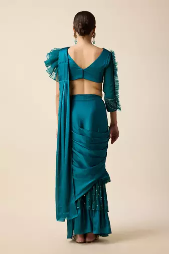 Teal Blue Chiffon Embridered Saree