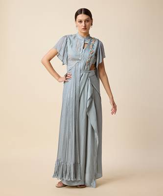 Grey Georgette  Embridered Saree 1
