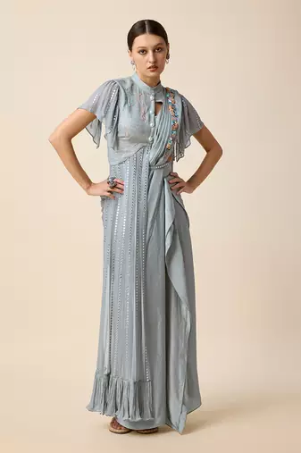 Grey Georgette  Embridered Saree