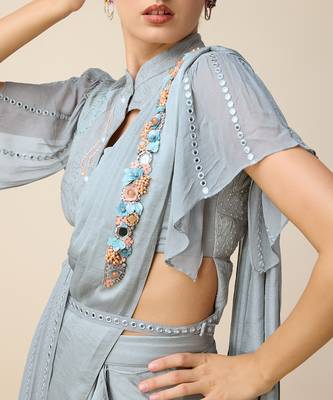 Grey Georgette  Embridered Saree 4