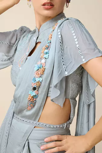 Grey Georgette  Embridered Saree