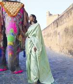 Sea Green kanjivaram silk blendGold Zari Weaving Border And Rich Saree With Blouse For Women