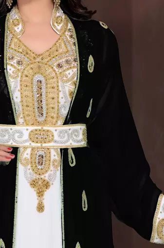 Black & White color Full Sleeves Handmade Moroccan Kaftan 