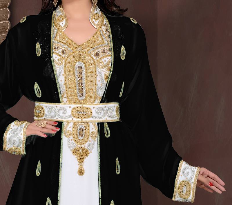 Black & White color luxurious Full Sleeves Handmade Moroccan Kaftan .