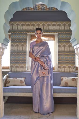 Purple kanjivaram silk blendGold Zari Weaving Border And Rich Saree With Blouse For Women