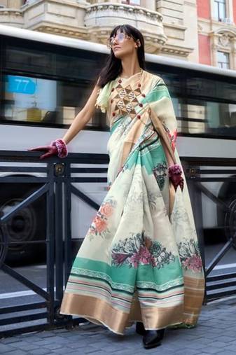 Cream Organza Zari Weaving Border And Pallu Saree With Blouse For Women