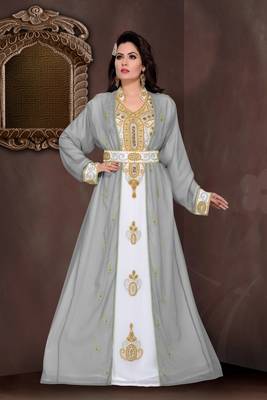 Grey & White color Full Sleeves Handmade Moroccan Kaftan  1