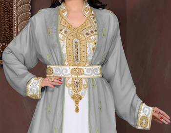 Grey & White color Full Sleeves Handmade Moroccan Kaftan  2