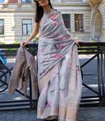 Grey Organza Zari Weaving Border And Pallu Saree With Blouse For Women