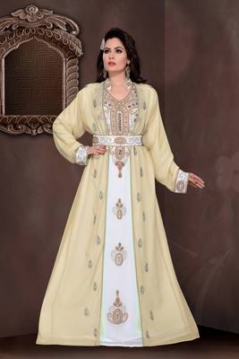 Beige & White color Full Sleeves Handmade Moroccan Kaftan  1