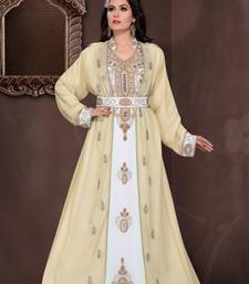 Beige & White color Full Sleeves Handmade Moroccan Kaftan 