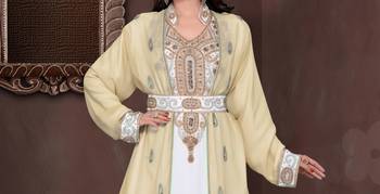 Beige & White color Full Sleeves Handmade Moroccan Kaftan  2