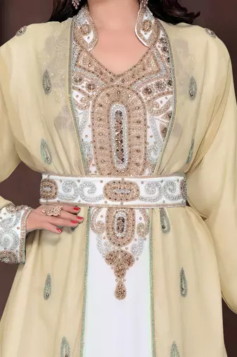 Beige & White color Full Sleeves Handmade Moroccan Kaftan 
