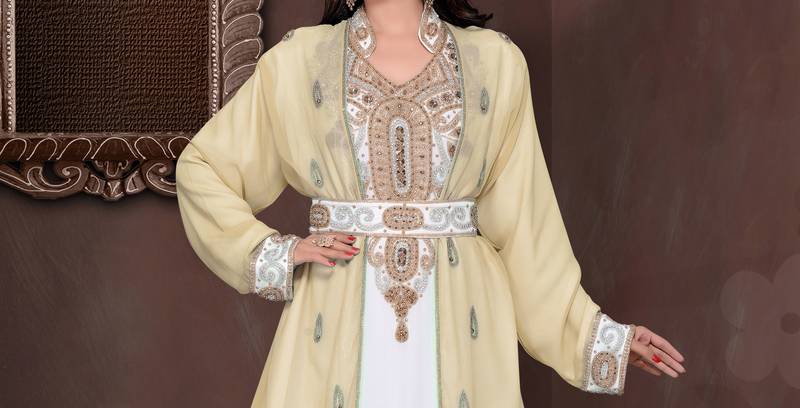 Beige & White color luxurious Full Sleeves Handmade Moroccan Kaftan .