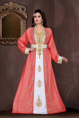 Maroon & White color Full Sleeves Handmade Moroccan Kaftan  1