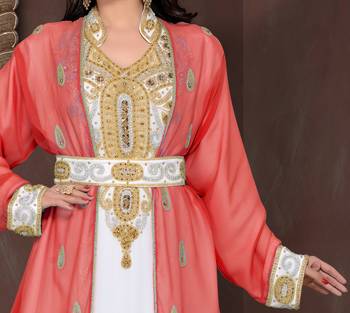 Maroon & White color Full Sleeves Handmade Moroccan Kaftan  2