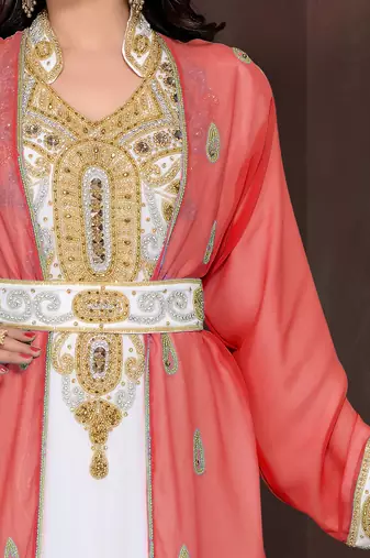Maroon & White color Full Sleeves Handmade Moroccan Kaftan 