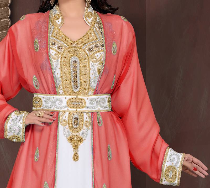 Maroon & White color luxurious Full Sleeves Handmade Moroccan Kaftan .