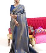 Blue Faux Kanjivaram Silk Zari Weaving Border And Rich Pallu Saree With Blouse For Women