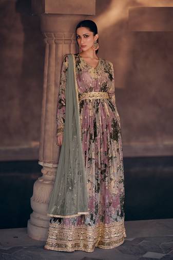 Grey Embroidered Georgette Free Size Stitched Anarkali Salwar Suit