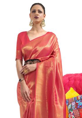 Red Faux Kanjivaram Silk Zari Weaving Border And Rich Pallu Saree With Blouse For Women 2