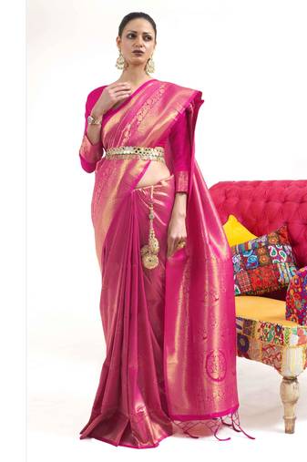 Rani Pink Faux Kanjivaram Silk Zari Weaving Border And Rich Pallu Saree With Blouse For Women