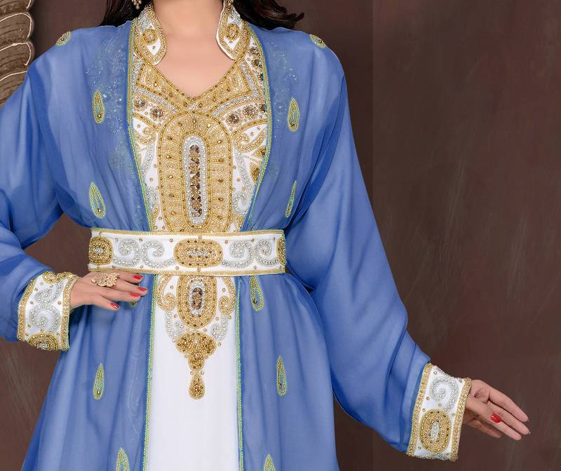 Navy Blue & White color luxurious Full Sleeves Handmade Moroccan Kaftan .