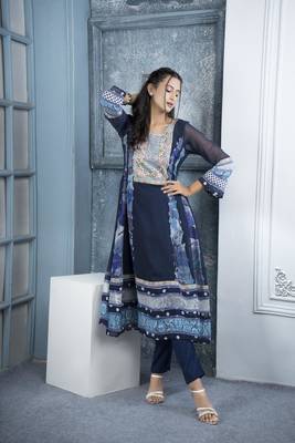 Nikhaar navy blue embroidered georgette anarkali kurta & 1