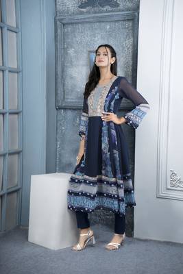 Nikhaar navy blue embroidered georgette anarkali kurta & 3