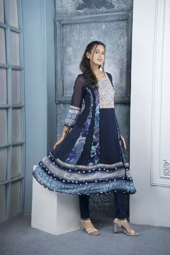 Nikhaar navy blue embroidered georgette anarkali kurta &