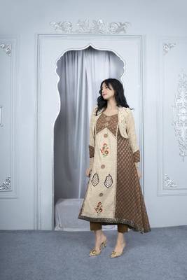 Nikhaar beige embroidered silk asymmetrical kurta & 3