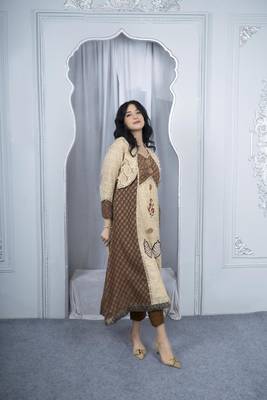 Nikhaar beige embroidered silk asymmetrical kurta & 4