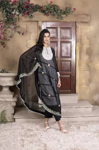 Nikhaar black embroidered georgette asymmetrical kurta &