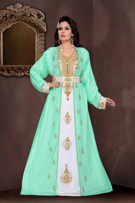 Sea-Green & White color Full Sleeves Handmade Moroccan Kaftan  1