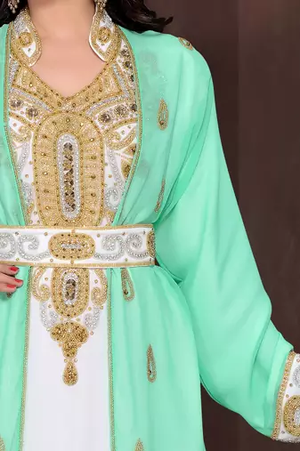 Sea-Green & White color Full Sleeves Handmade Moroccan Kaftan 