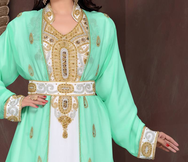 Sea-Green & White color luxurious Full Sleeves Handmade Moroccan Kaftan .