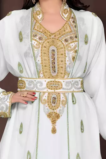 Off-White  & White color Full Sleeves Handmade Moroccan Kaftan 