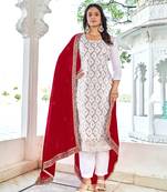 White Red Embroidered Blooming Vichitra Semi-Straight Salwar Suit