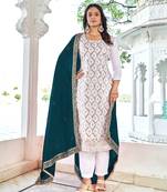White Rama Embroidered Blooming Vichitra Semi-Straight Salwar Suit