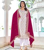 White Pink Embroidered Blooming Vichitra Semi-Straight Salwar Suit