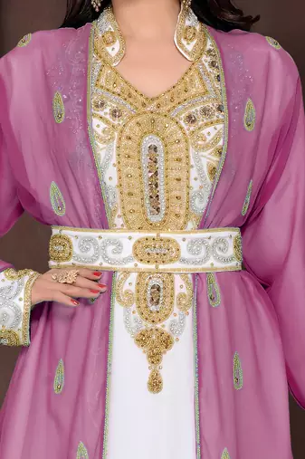 Wine & White color Full Sleeves Handmade Moroccan Kaftan 