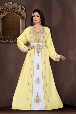 Yellow & White color Full Sleeves Handmade Moroccan Kaftan  1