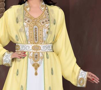 Yellow & White color Full Sleeves Handmade Moroccan Kaftan  2