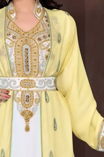 Yellow & White color Full Sleeves Handmade Moroccan Kaftan 