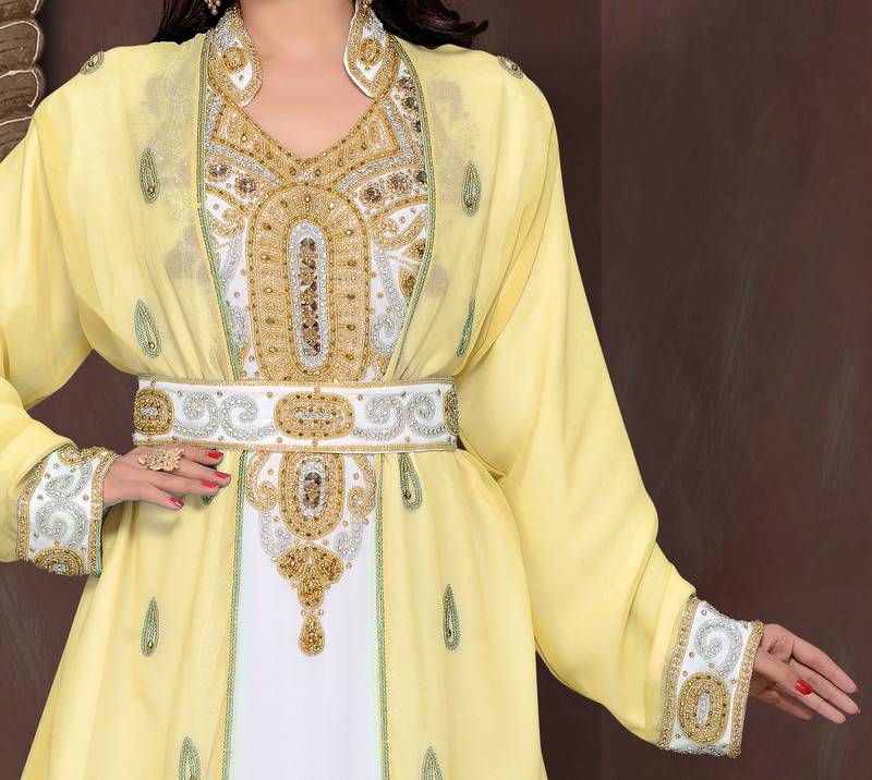 Yellow & White color luxurious Full Sleeves Handmade Moroccan Kaftan .