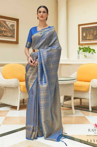 Blue Faux Kanjivaram Silk And Zari Weaving Border And Pallu Saree With Blouse For Women