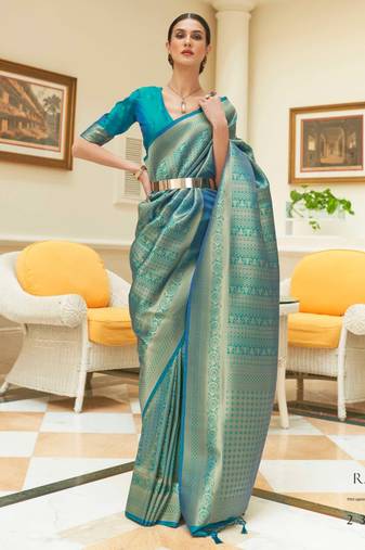 Dark Teal Faux Kanjivaram Silk And Zari Weaving Border And Pallu Saree With Blouse For Women