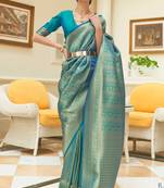 Dark Teal Faux Kanjivaram Silk And Zari Weaving Border And Pallu Saree With Blouse For Women