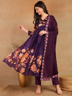 women purple silk blend floral printed straight kurta trouser with dupatta 1