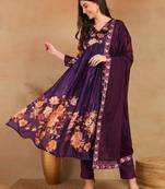 women purple silk blend floral printed straight kurta trouser with dupatta